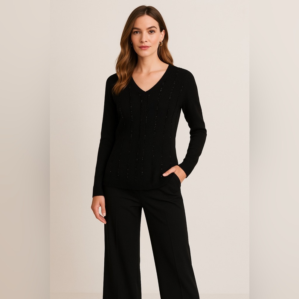 Bushwacker Black Wool Blend Beaded V Neck Sweater